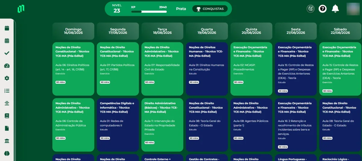 Cronograma semanal de um aluno na plataforma da Mentoria ZeroUm
