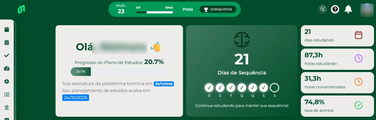 Painel inicial da plataforma com dias de sequência e horas estudadas