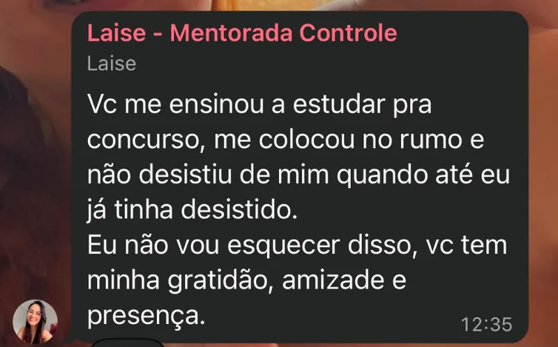 Mensagem de Laise Azevedo, aluna aprovada