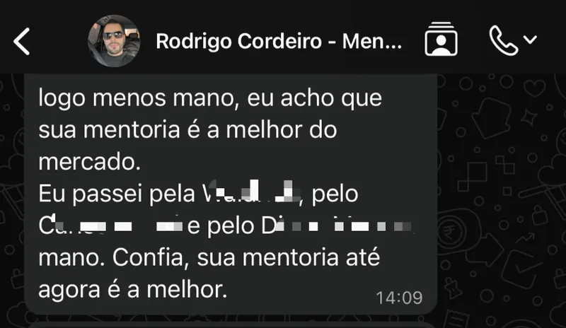 Mensagem de Rodrigo Cordeiro, aluno da área de controle