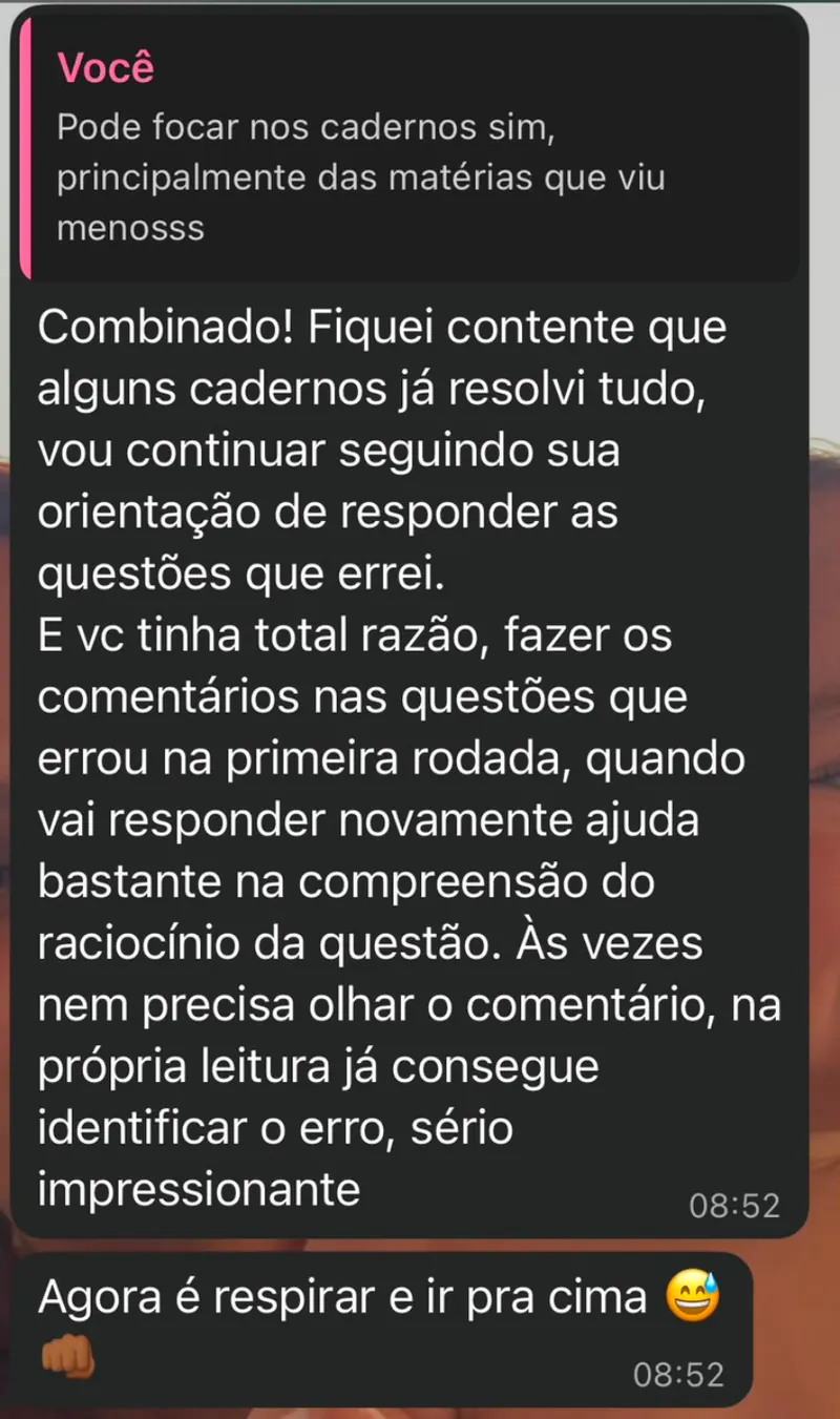 Mensagem de aluna da área de controle