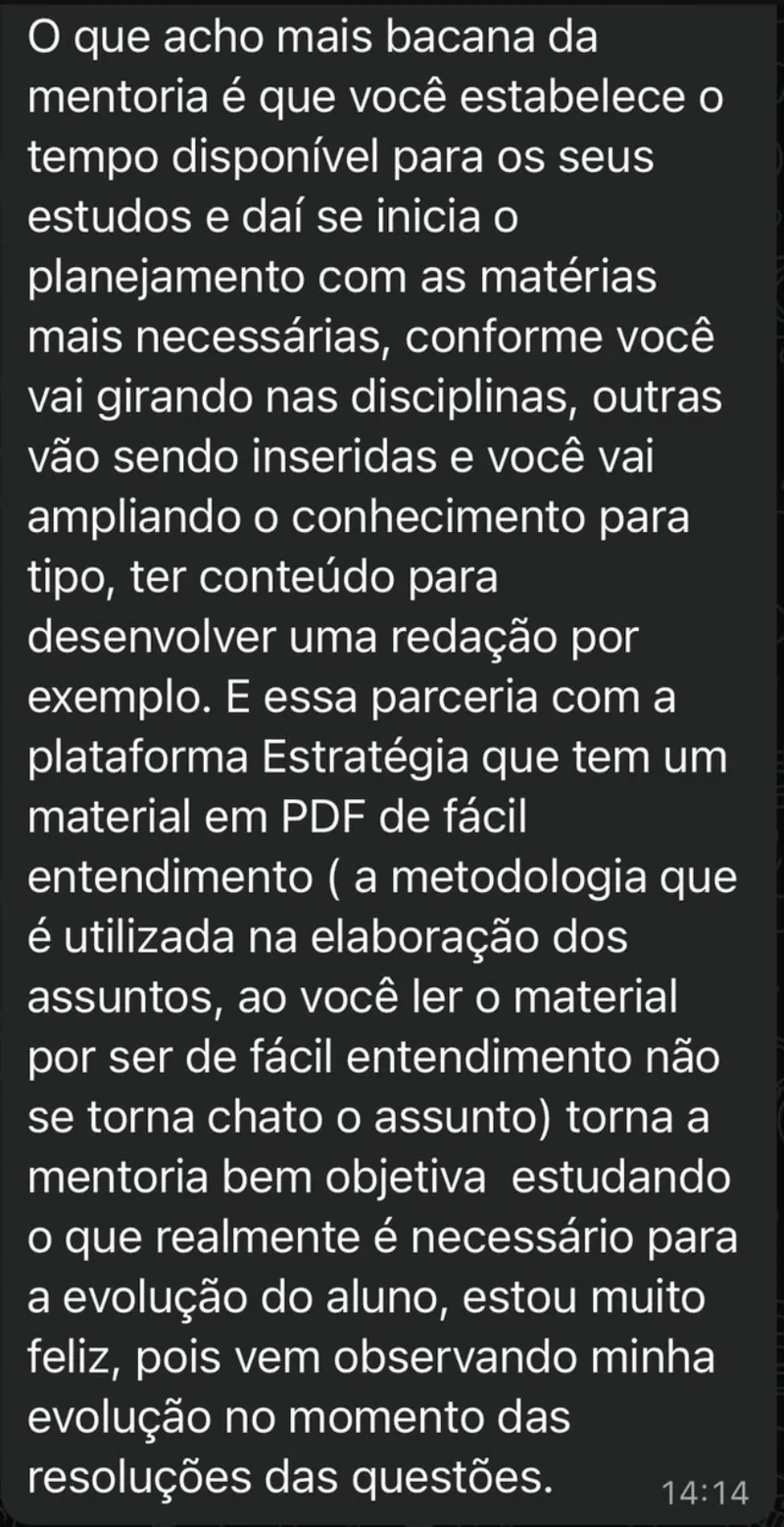 Mensagem de aluna da área de controle