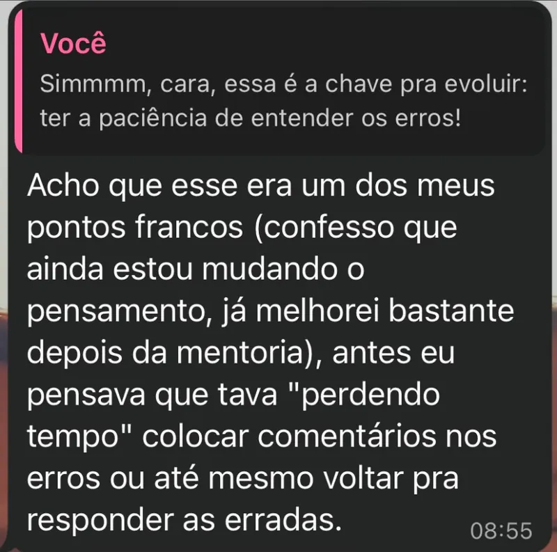 Mensagem de aluna da área de controle